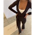 Women y2k Yoga 2 Piece Outfits Casual Solid Color Tie up Hem Wrap Long Sleeves Tops and Elastic Flare Pants Set Streetwear - OneLoveCanada