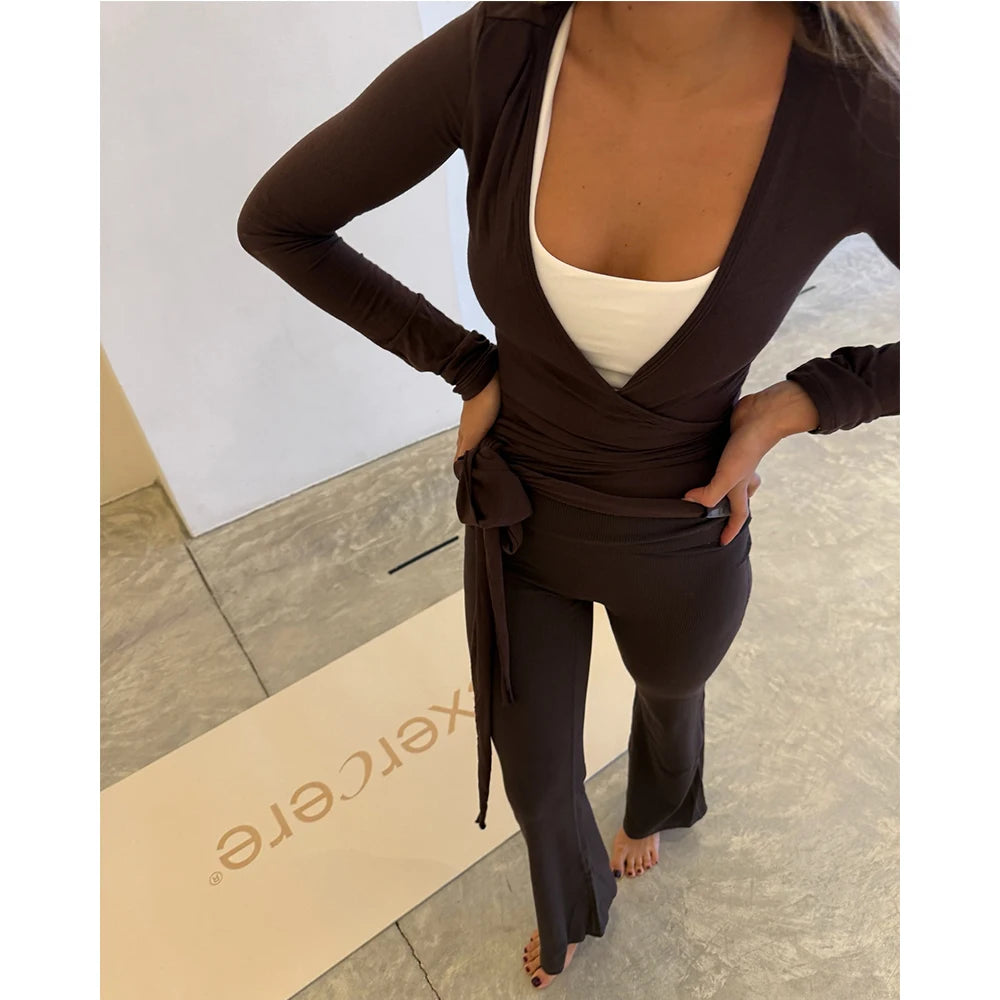 Women y2k Yoga 2 Piece Outfits Casual Solid Color Tie up Hem Wrap Long Sleeves Tops and Elastic Flare Pants Set Streetwear - OneLoveCanada