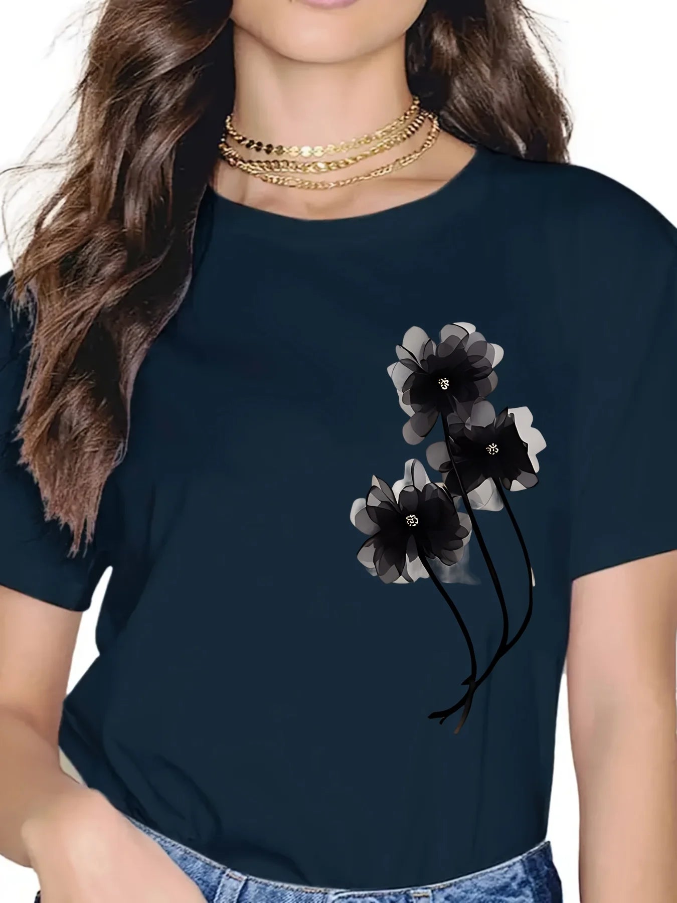 Women's Casual T-Shirt - Black Floral Print Short Sleeve Crew Neck Top Lightweight Breathable Fabric Ladies T Shirts - OneLoveCanada
