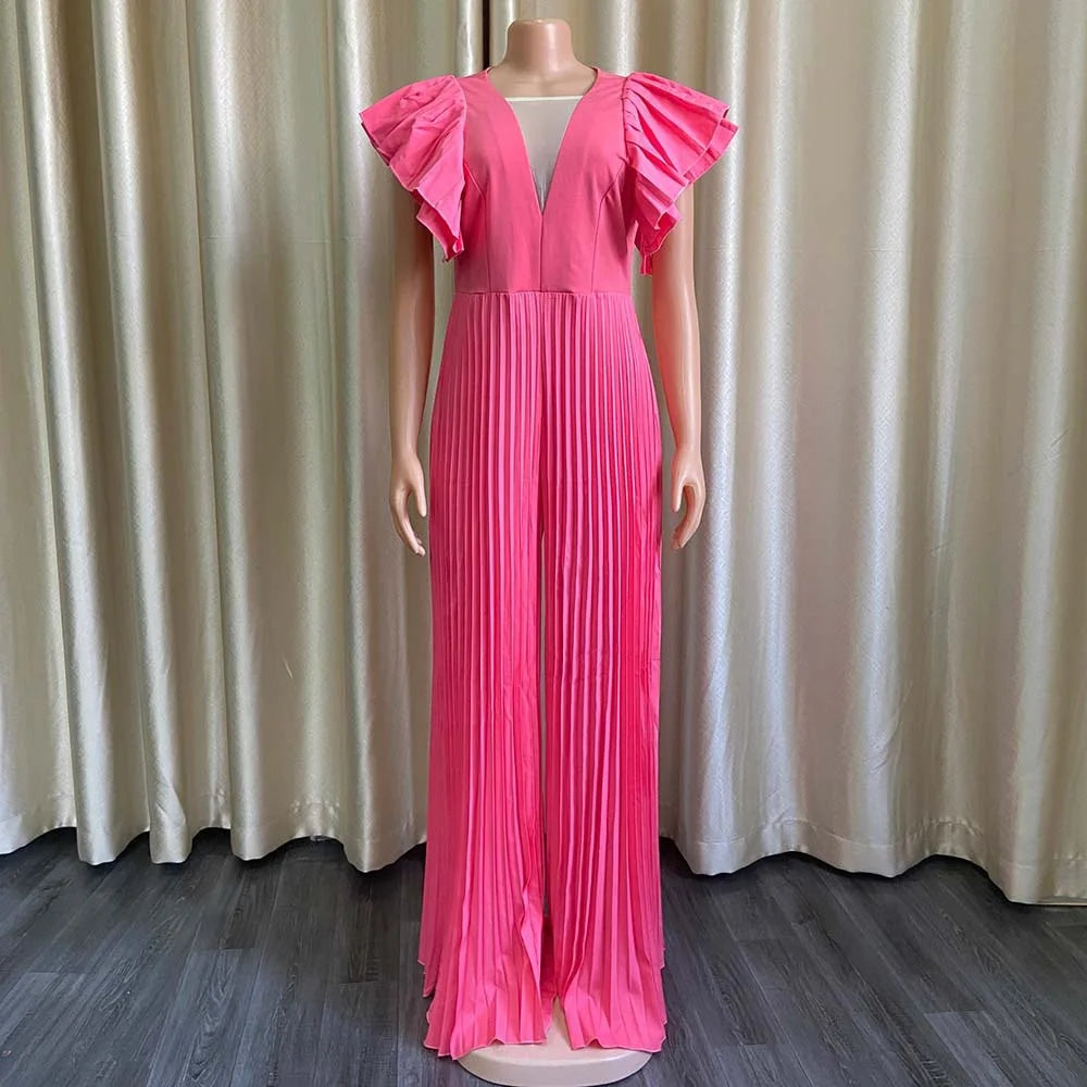 Elegant Pleated Jumpsuits & Rompers for Women V Neck Ruffles High Waisted Loose Floor Length Luxury Female Birthday Party Romper