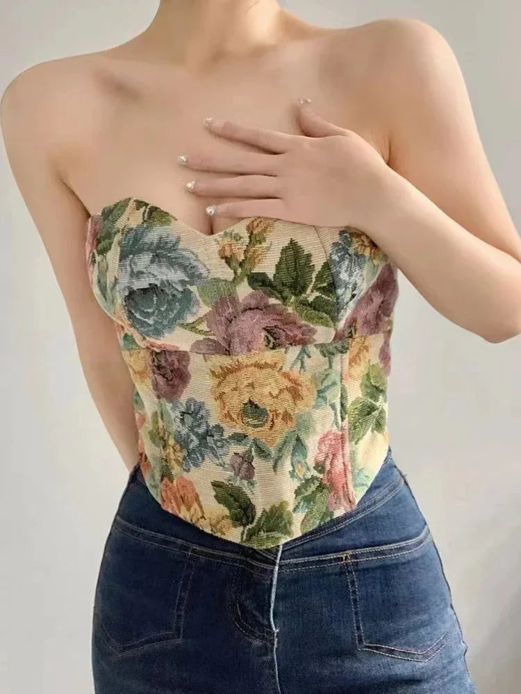 Textured Floral Corset Top Summer Vintage Embroidery Off Shoulder Strapless Tube Fit Crop Tank Tops Teen-girl Coquette Outfit