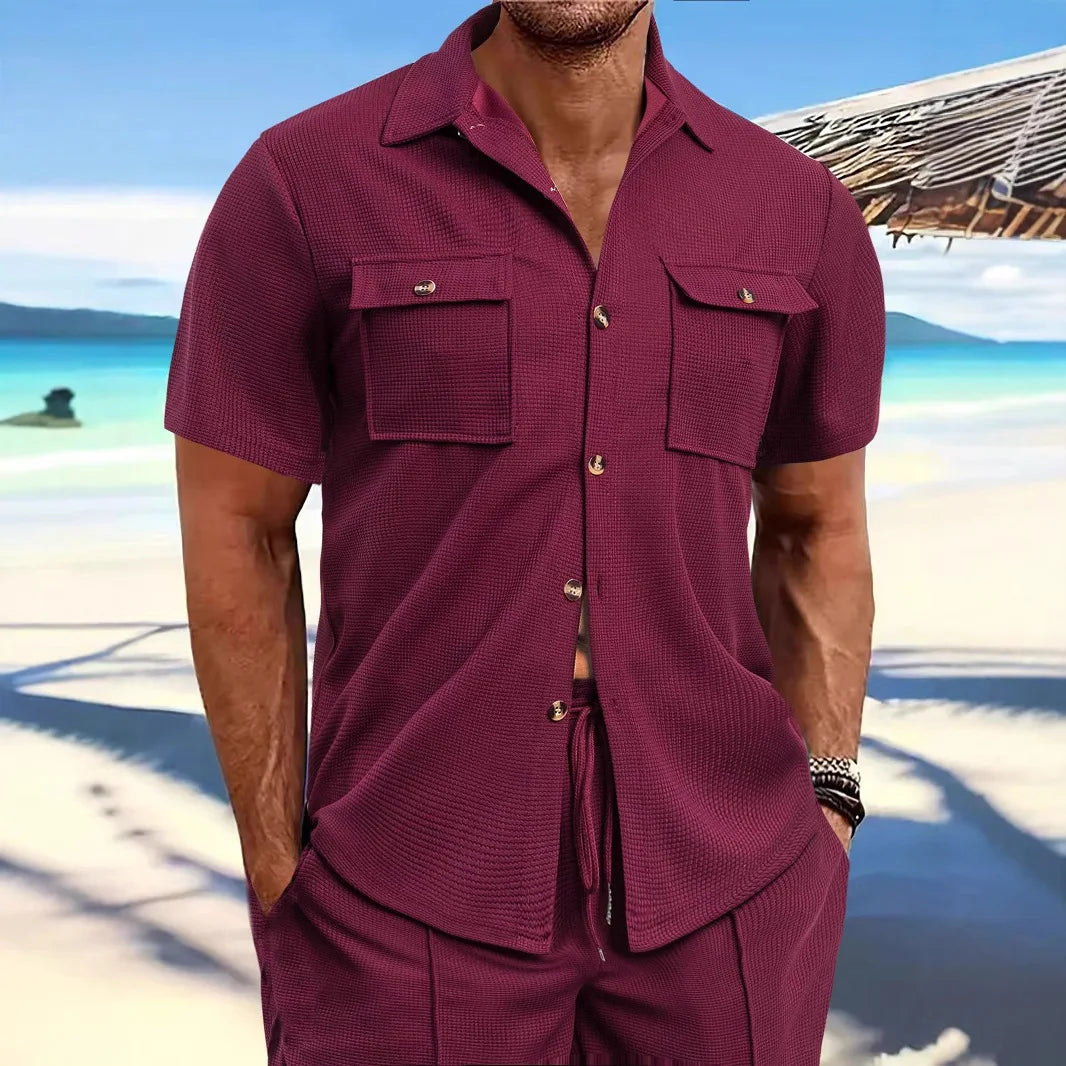 Spring and Summer Men's Shirts Short-sleeved Waffle Lapel Button Tops Pockets Fashion Versatile Casual Blouses for Male