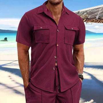 Spring and Summer Men's Shirts Short-sleeved Waffle Lapel Button Tops Pockets Fashion Versatile Casual Blouses for Male
