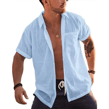 Mens Short Sleeve T-Shirts Button Up Shirts Linen Cotton Beach Tops Turn Down Collar Summer T Shirt with Pocket