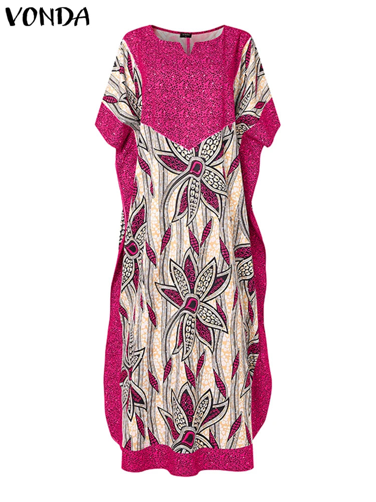 Plus Size Dresses 2025 Woman Summer Sundress Printing Bohemian Vestidos Vintage V Neck Bat-wing Sleeve Robe Oversized