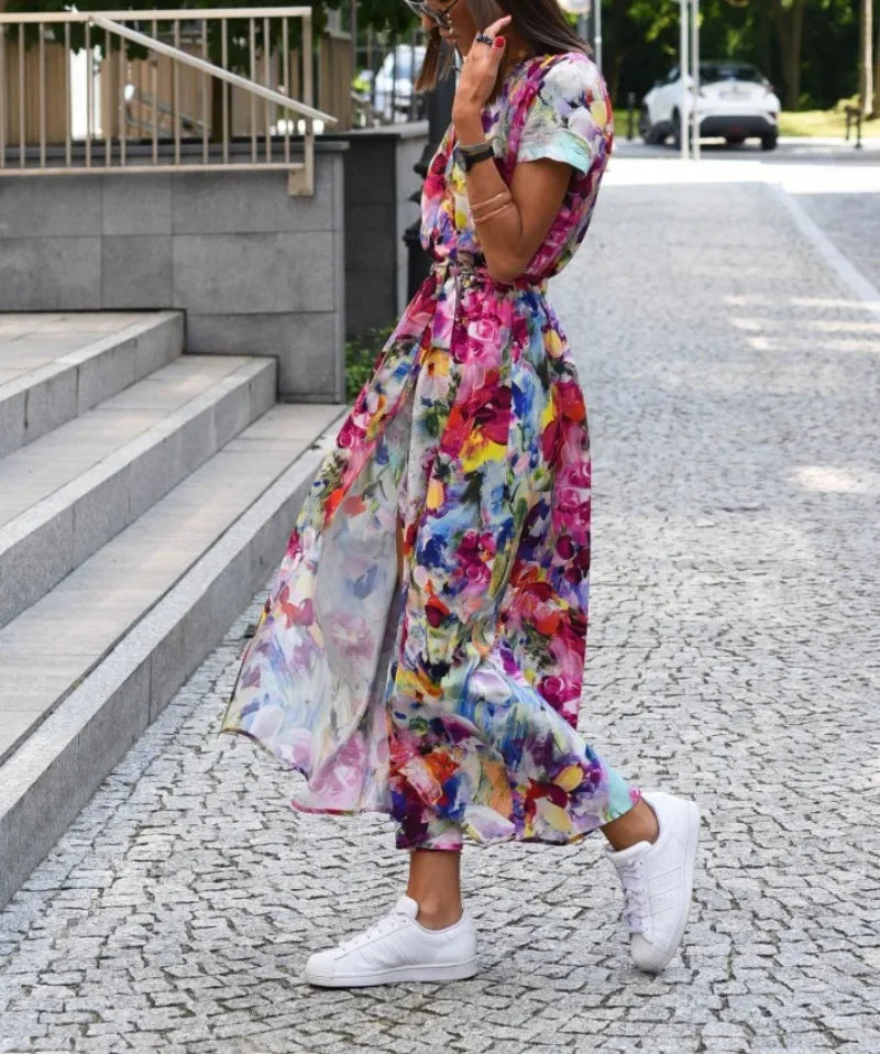 Women's Fashionable Casual Loose Dress Ladies Floral Tie V-neck Split Print Short Sleeved Long Dress