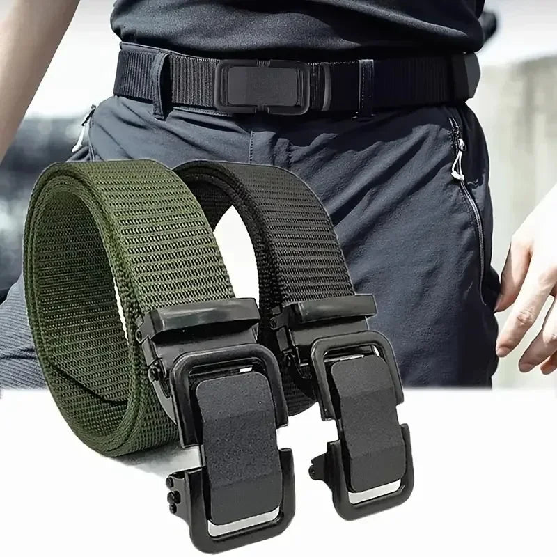 Men's Belt Automatic Metal Buckle Nylon Canvas Webbing Belt Outdoor Work Belt, Nylon Belt With Click Buckle