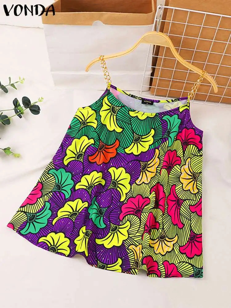 Plus Size 5XL VONDA Floral Printed Tanks Sexy Straps Sleeveless Tops Women Summer Camis Bohemian Tees Casual Loose Beach Shirts