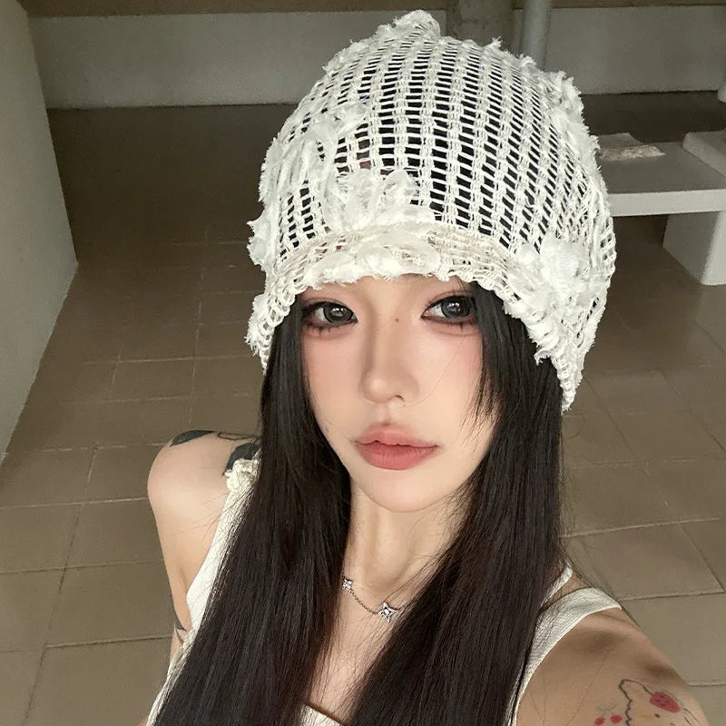Spring Summer New Korean Crochet Pullover Hats Women Outdoor Travel Fashionable Versatile Sweet Hollow Breathable Beanies Cap