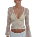 Women's Lace Crop Tops Casual Long Sleeve Deep V Neck Cross Wrap T-Shirts Basic Blouses - OneLoveCanada