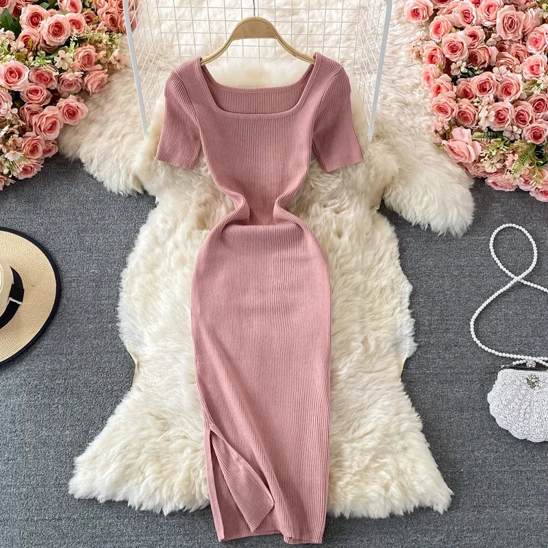 OCEANLOVE Knitted Dress for Women Clothing Solid Short Sleeve Square Neck Stretch Vestidos Sexy 2022 Spring Summer Dresses