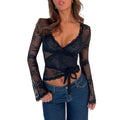 Women's Lace Crop Tops Casual Long Sleeve Deep V Neck Cross Wrap T-Shirts Basic Blouses - OneLoveCanada