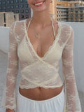 Women's Lace Crop Tops Casual Long Sleeve Deep V Neck Cross Wrap T-Shirts Basic Blouses - OneLoveCanada
