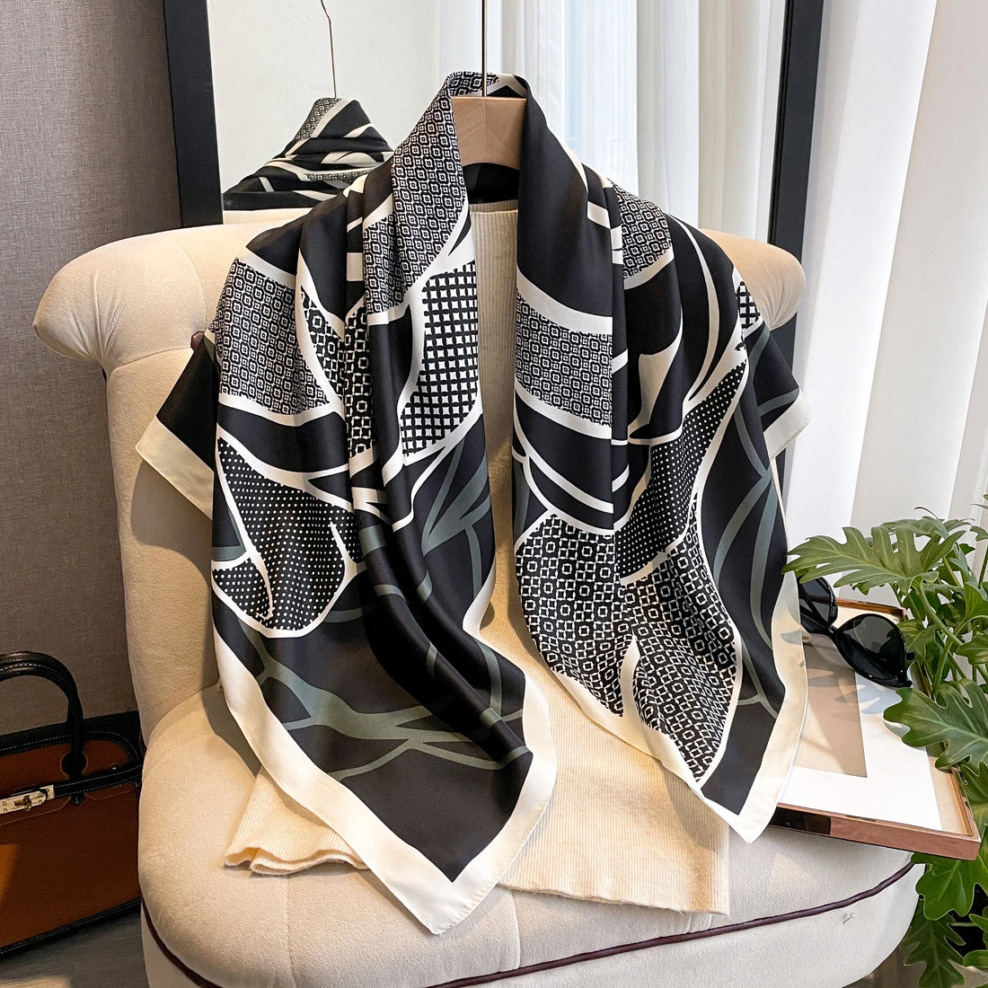Silk Scarf Women Print Square Scarves Head Echarpes Silk Foulards Wraps Beach Sun Protection Shawl Bandana Lady Hijabs 90CM
