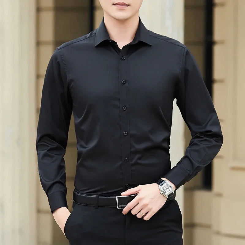 Formal Business Men's Slim Long-sleeved Shirt Solid Color Office Dress Shirts Male Autumn Clothes Black White Pink Blue
