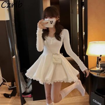 High Waist Mini Dress Women Long Sleeve Fall Sexy Girls Casual Simple Ball Gown Ins Fashion All-match Vestidos Mujer Sweet Young