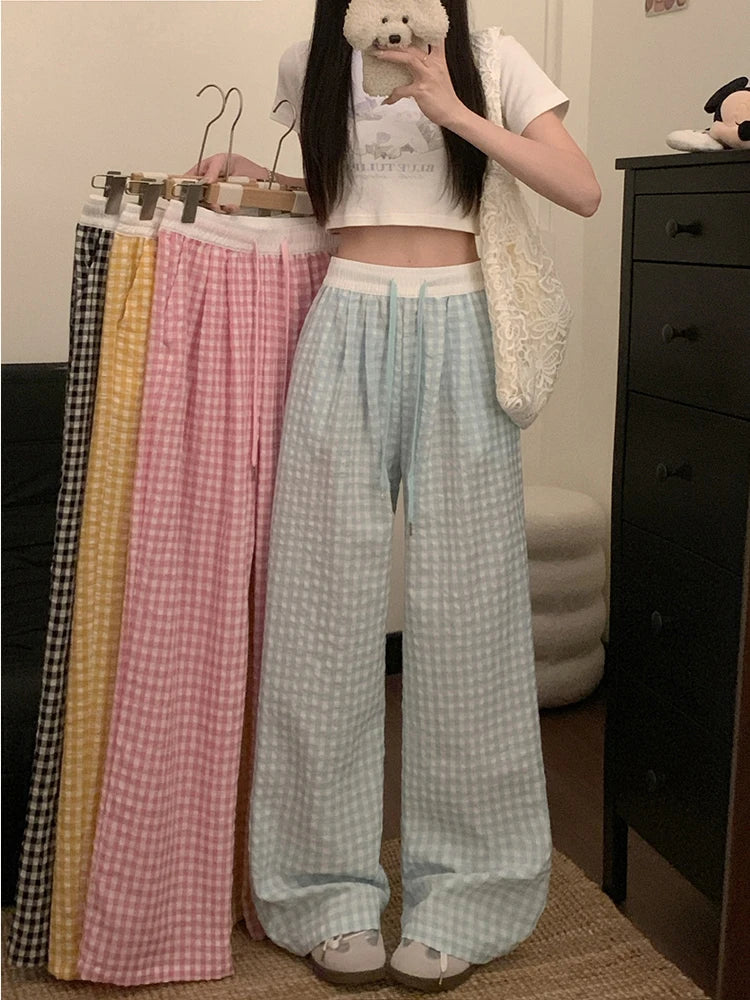 Women's Casual Loose Straight Leg Plaid Pants Korea Basic Style Elastic Waist Wide-Leg Pants Spring Summer Female Causal Pants