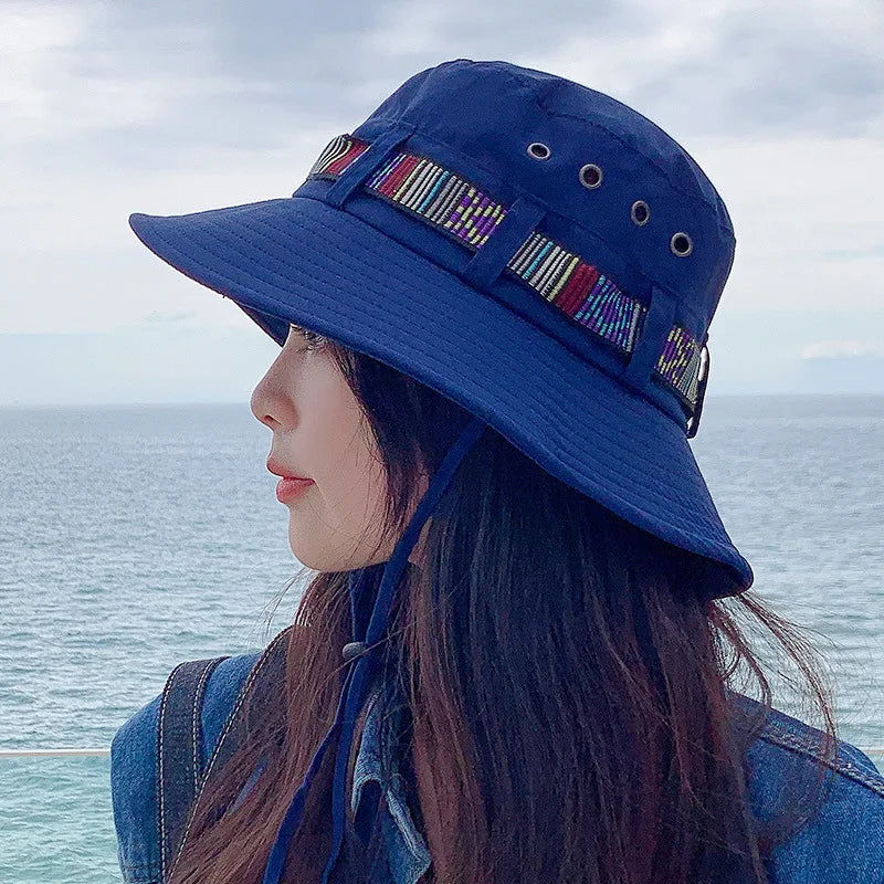 Golexury Western Cowboy Hat Female Summer Big Eaves Striped Fisherman Hat Sun Visor Outdoor Seaside Tourism Mountaineering Hat