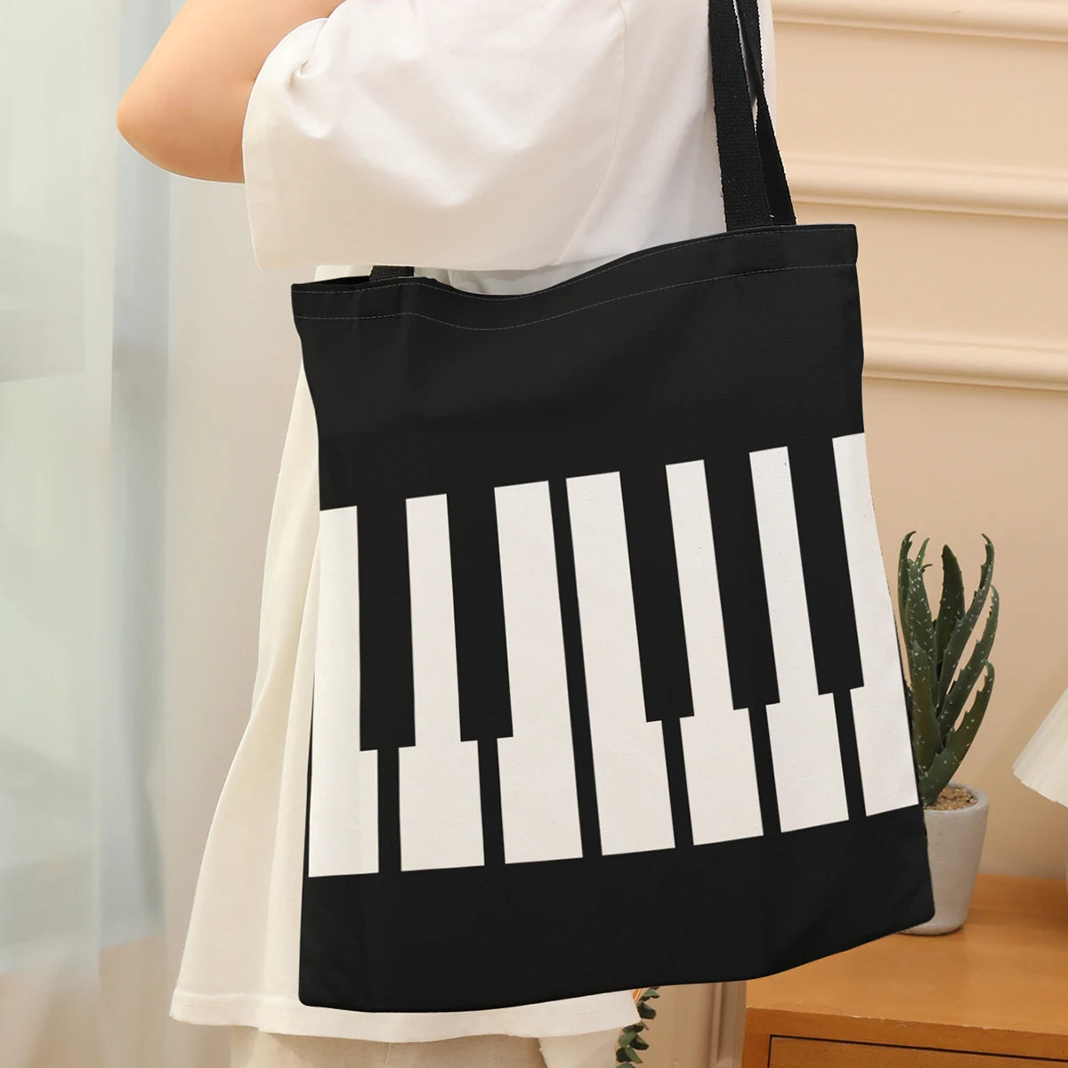 Piano Key Pattern Large Capacity Canvas Shoulder Bag Eco-Friendly Women's Handbag Simple Stylish Shopping Tote for Girls