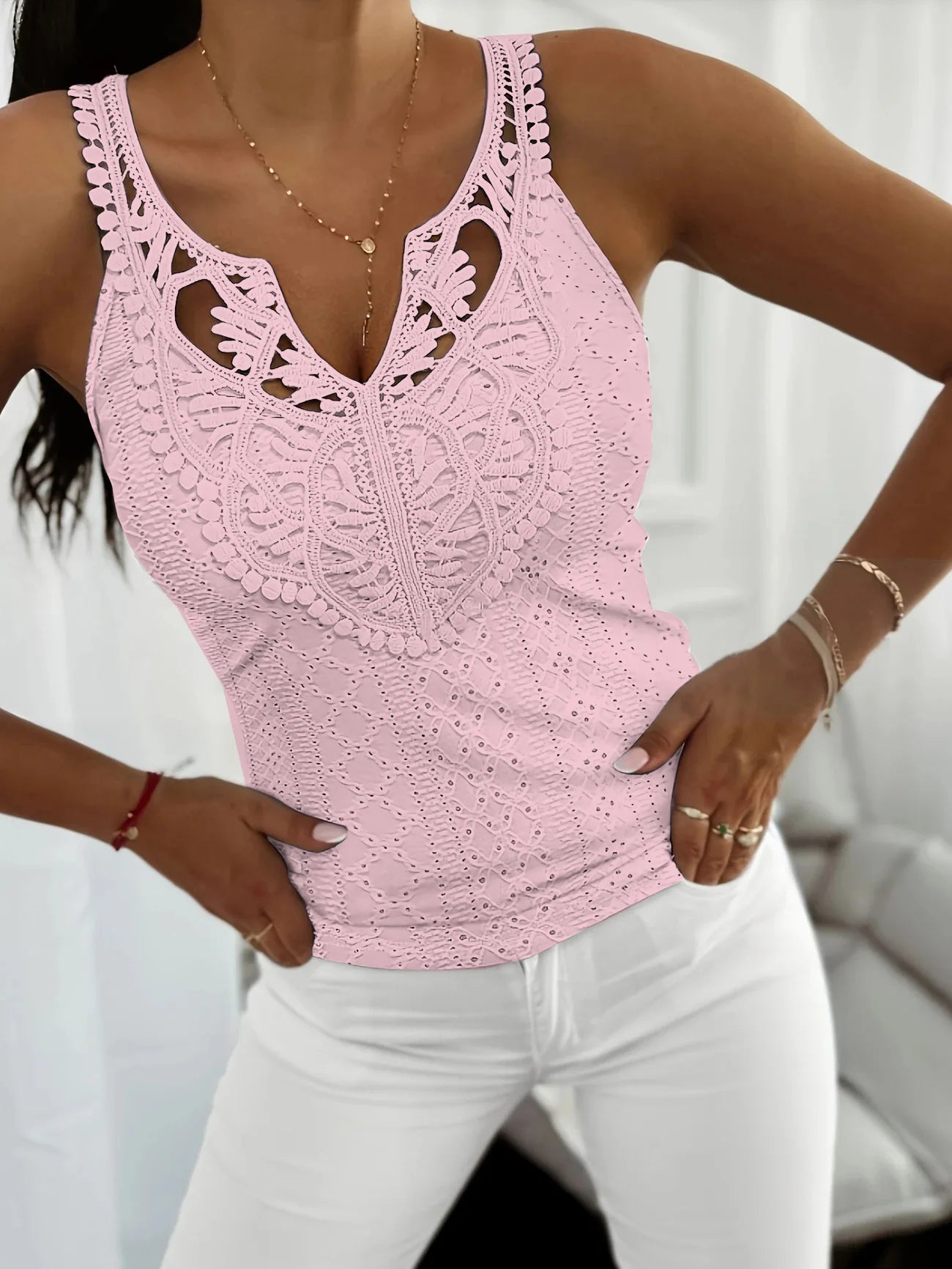Casual Sleeveless Lace Tops For Woman Summer 2025 Fashion Ladies White Sling Slim V-neck Tank Top Tees Elegant - OneLoveCanada