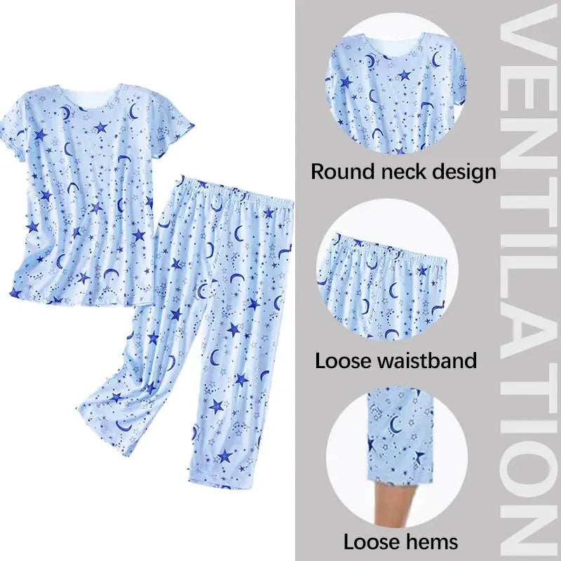 Ladies Casual Home Printed Pajama Set Short Sleeve Top Long Pants Casual Fun Printed Pajama Set