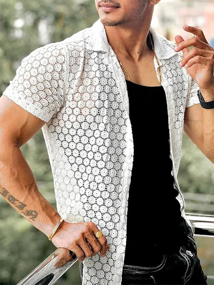 Sexy Mens Lace Shirts Embroidery See Through Hollow Out Knitted Mesh Shirt Men Summer Outdoor Fashion Short Sleeve Knit Shirts