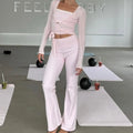 Women y2k Yoga 2 Piece Outfits Casual Solid Color Tie up Hem Wrap Long Sleeves Tops and Elastic Flare Pants Set Streetwear - OneLoveCanada