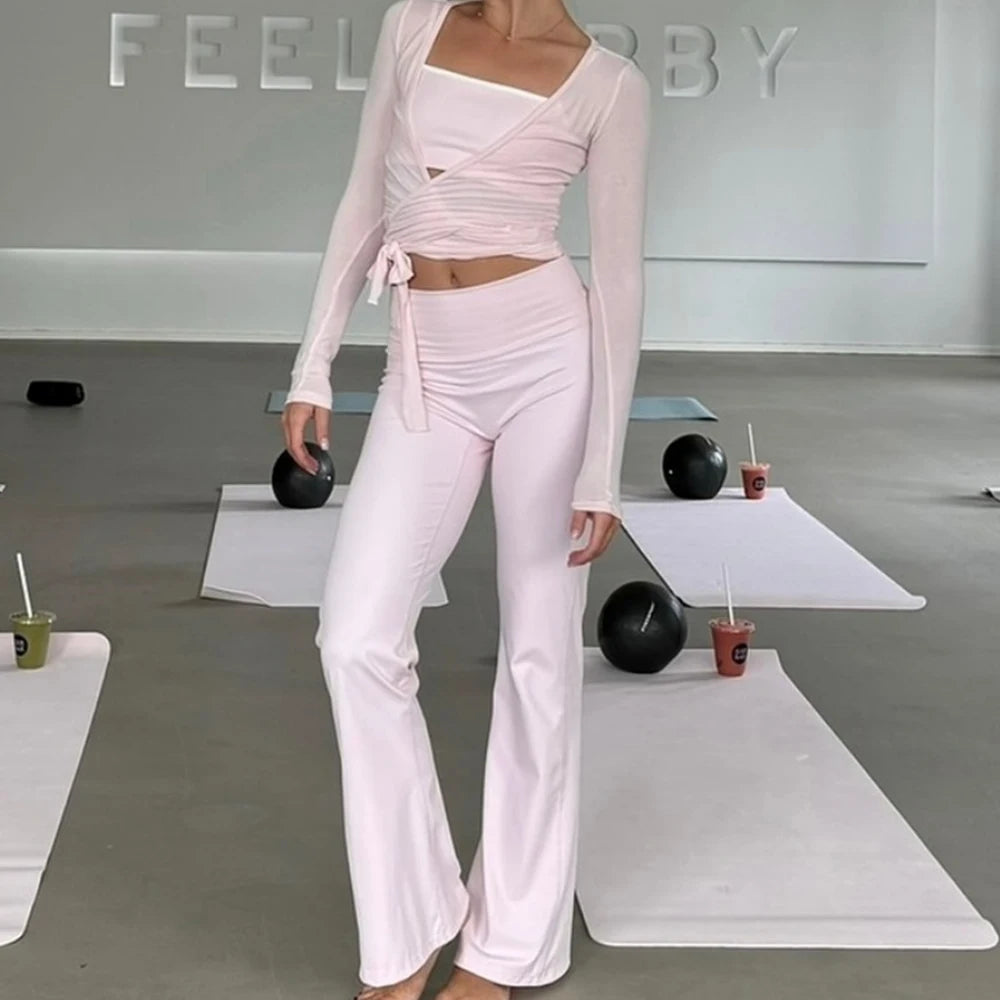 Women y2k Yoga 2 Piece Outfits Casual Solid Color Tie up Hem Wrap Long Sleeves Tops and Elastic Flare Pants Set Streetwear - OneLoveCanada