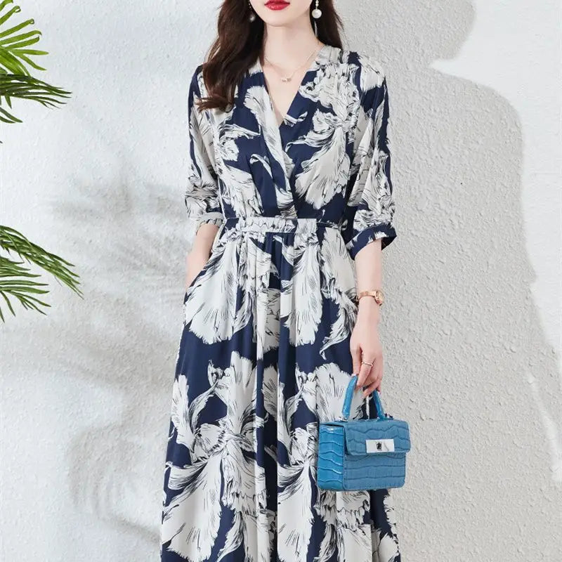 New Mulberry Silk Dress Women High Quality Elegant V-neck Loose Long Dress Fashion Summer Natural Fiber Office Lady Dresses Q158