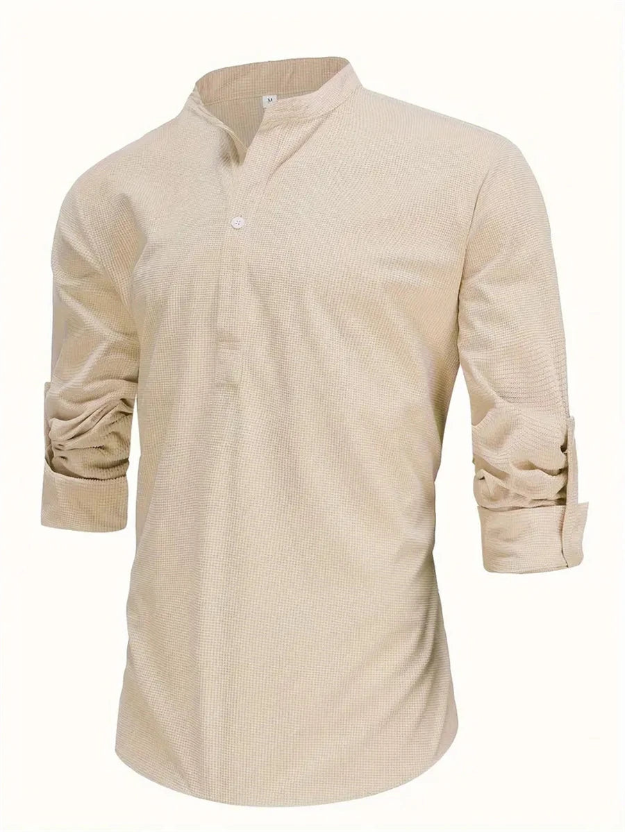 Men's Spring Shirts Solid Color Casual Henry Neck Long Sleeve Outdoor Simple Male Waffle top Thin Button Tops