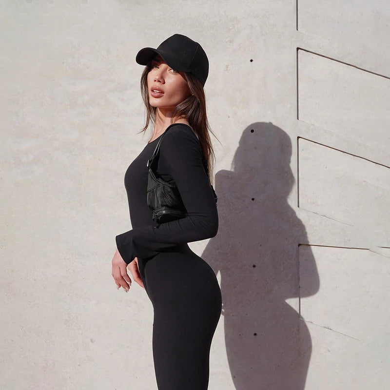 New Sexy Jumpsuits Women Autumn Black Fashion Backless Long Sleeve O-Neck Rompers Female Casual Slim Fitness Sports Yoga Overall