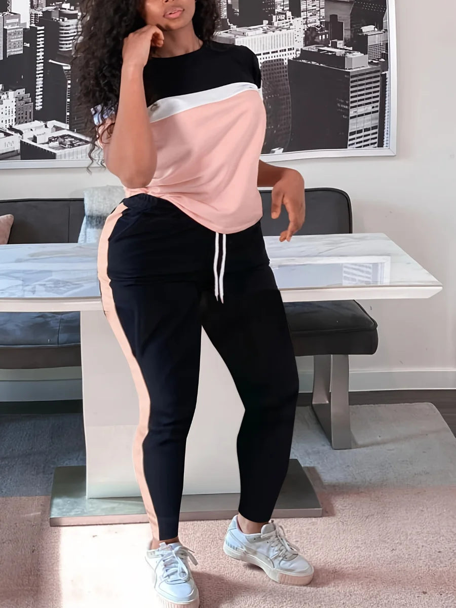 LW Women's Plus Size Colorblock Drawstring Pants Set, Casual Short Sleeve T-shirt & Pocket Jogger Pants, Two Piece Set Women