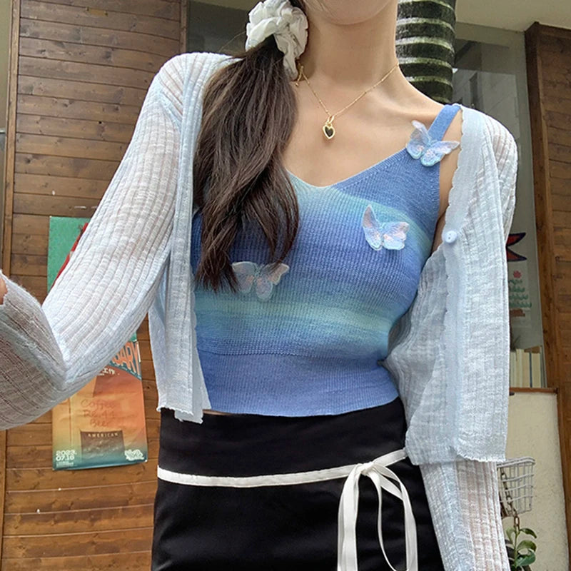 Women's Summer Korean Kawaii Gradient Color Slim Tank Tops Sleeveless V Neck 3D Butterfly Knitted Mini Vests Streetwear Clubwear
