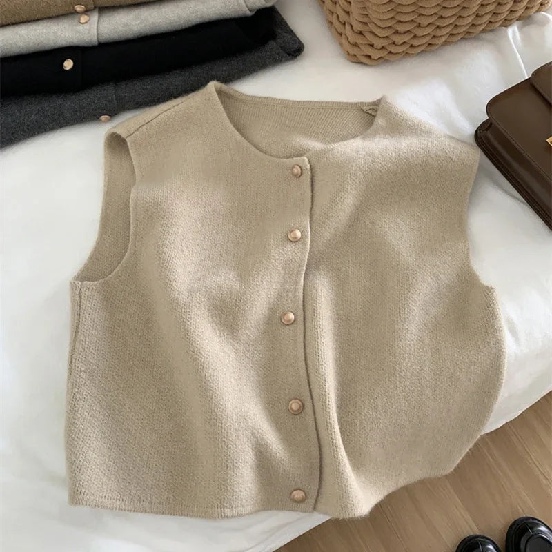 Autumn New Women Cardigan Korean Elegant Knitted Sleeveless Female Casual Sweater Tanks Fashion New Slim Ladies Casual Tops - OneLoveCanada