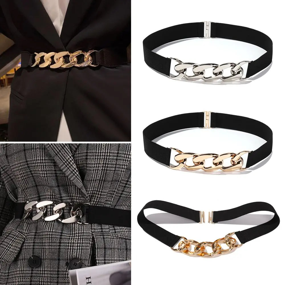 Elastic Women Belt Punk Fashion Women Elastic Belts Gold Silver Metal Chain Waist Strap For Dress Coat Suit Decorative Waistband