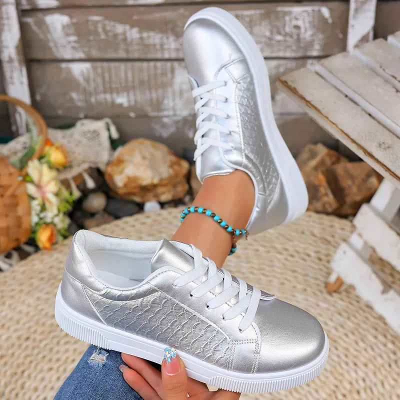 Plus Size 42 Women Gold Sliver Sneakers Spring Autumn New Women Fashion Lace-up Soft PU Leather Board Shoes Ladies Casual Shoes