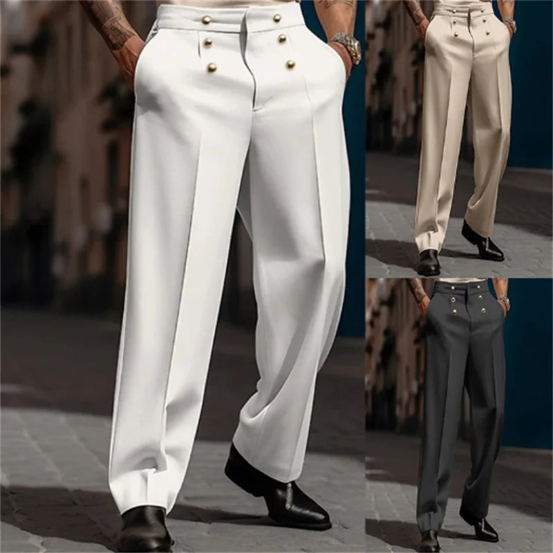 Vintage Men Casual Suit Pants Multiple Buttons Loose Straight Trousers Spring Autumn Fashion Solid Color Outdoor Pant Oversized
