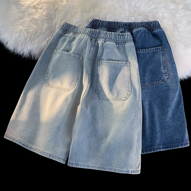 2025 Vintage Y2k men's black jeans, low waist casual wide pants, worn denim shorts, plus size clothes, solid color denim shorts