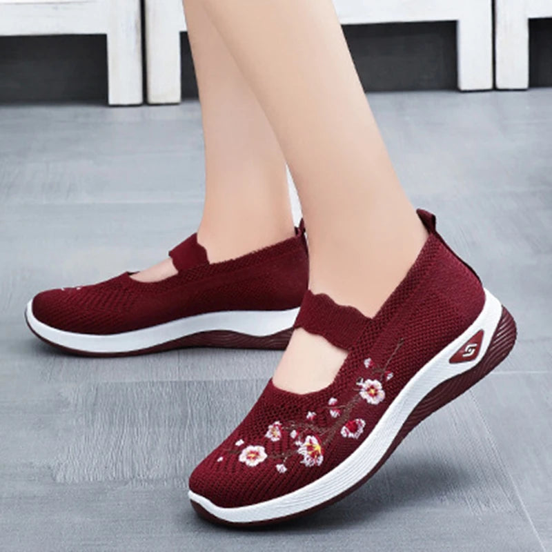 Women'S Floral Embroidered Flat Shoes Breathable Knitted Soft Sole Walking Shoes Woman Lightweight Comfort Slip On Casual Shoes