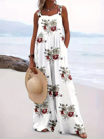 Plus Size  Europe and America  Women's Cross border Summer New Product Square Neck Flower Print Sling jumpsuit