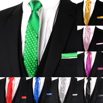 Shiny Sequins Neck Ties and Pocket Square Set Mens Women Stage Performance Prom Paillette Necktie With Handkerchief