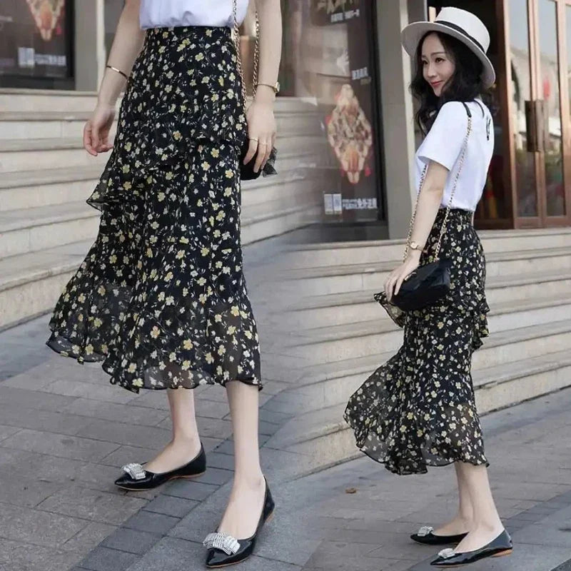 Midi Women's Skirt Chiffon New In Female Skirts Streetwear Harajuku Modest Summer 2024 Clothing Sales Chic and Elegant Aesthetic