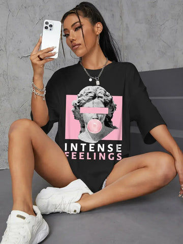 Graphic T Shirts Intense Feelings Drop Shoulder Tee T-Shirts Women Loose Streetwear Hip Hop Top Y2k Oversize Tops Men T Shirts