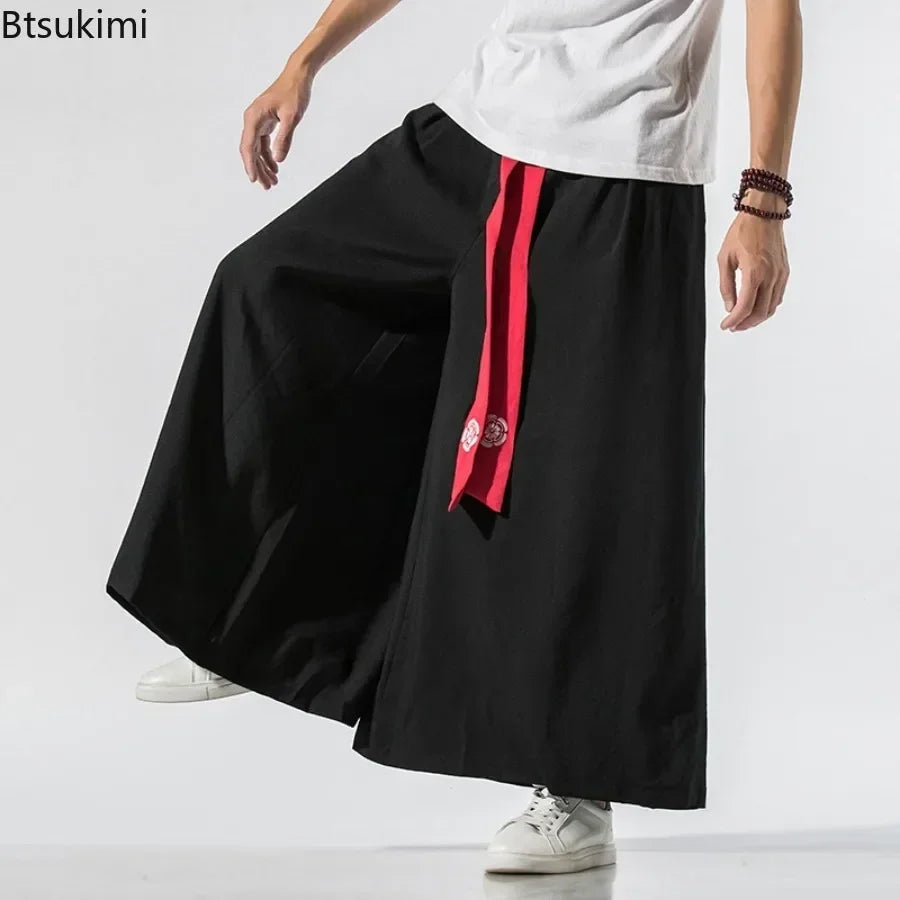 2025 Men Wide Leg Pants Men Cotton Linen Joggers Retro Loose Casual Trousers Fashion Man New Chinese Style Linen Tang Suit Pants