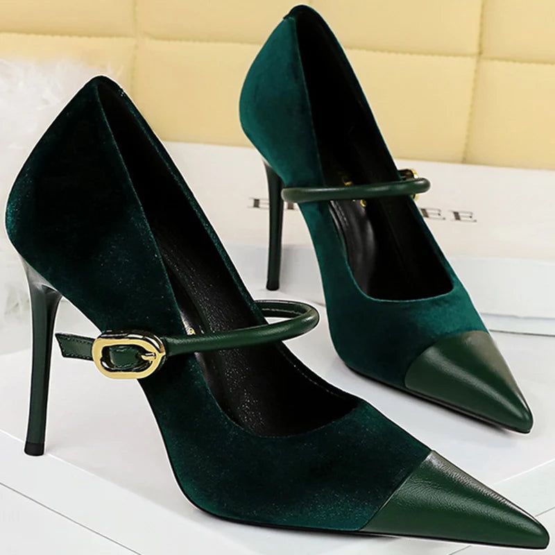 Women 7cm 10cm High Heels Pumps Lady Pointed Toe Metal Buckle Strap Mary Jane Stiletto Heels Blue Green Wine Red Suede Shoes