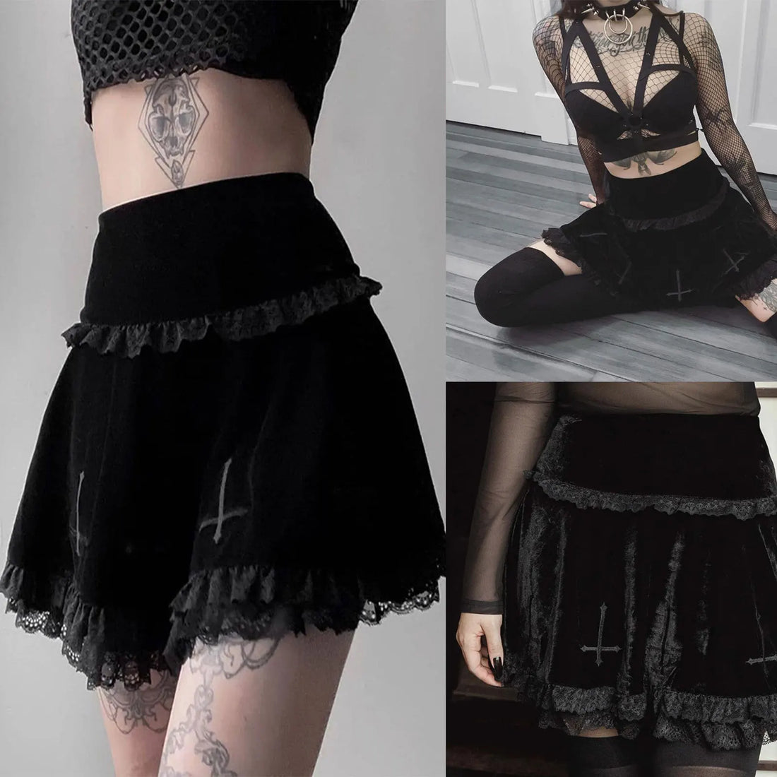 2024  Punk Cross Pattern Mini Skirt Y2K Grunge Gothic Black Lace High Waist Pleated A-line Skirt Vintage Women E-girl Clothes