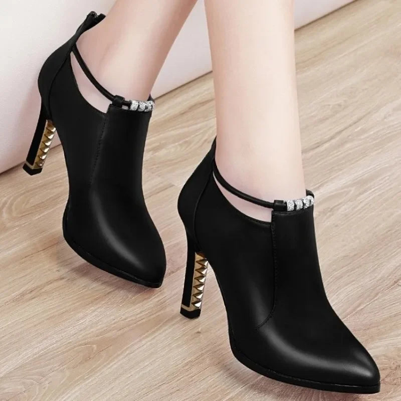 2024 Great Quality Boots Women High Heels Pointed Toe Women's Shoes Red Shoes Gold Decor Thin Heels Slip-on Ladies Modern Boots