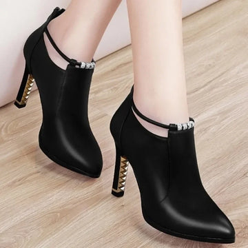 2024 Great Quality Boots Women High Heels Pointed Toe Women's Shoes Red Shoes Gold Decor Thin Heels Slip-on Ladies Modern Boots