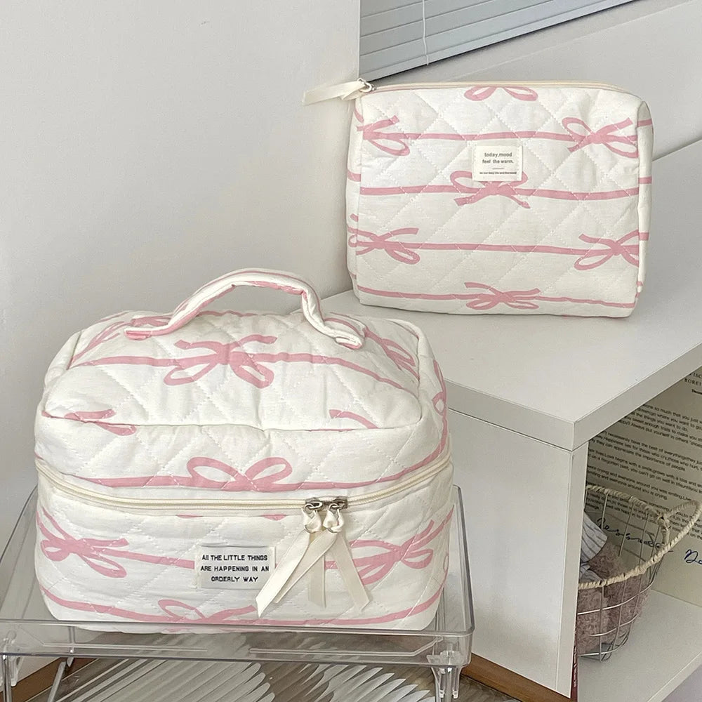 Wholesale Bowknot Women's Makeup Bag Portable Tote Quilting Cosmetic Storage Pouch Handbag Make Up Large Cpapcity Zipper Bag