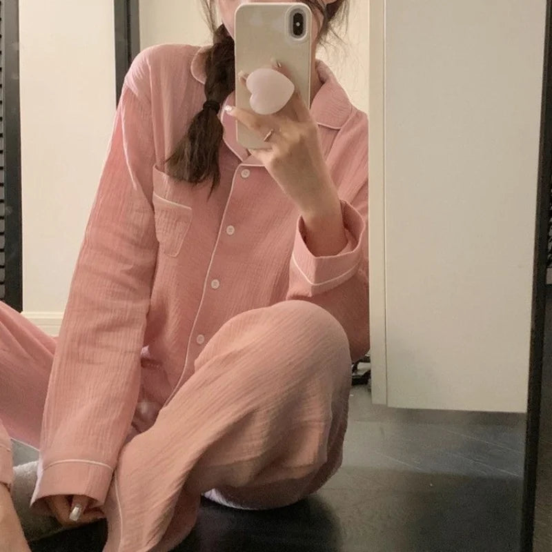 Autumn Women's Japanese New Long-Sleeved Pajamas Homewear Set of Sweet Girls Long Trousers Pajamas Bubble Cotton Casual Homewear